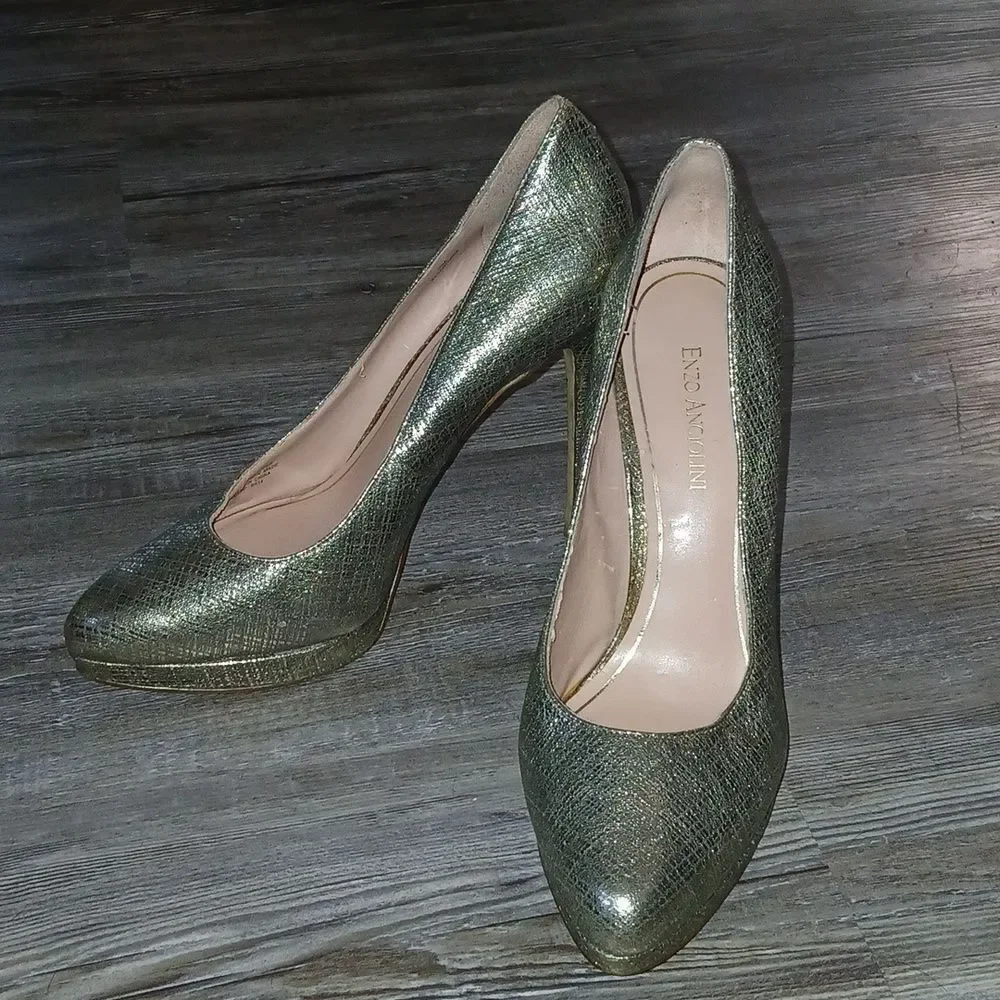 Enzo Angiolini Easamendra leather gold silver sparkle platforms Sz 10